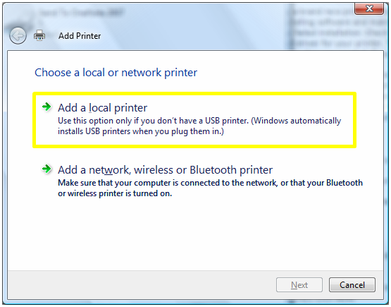 Chọn mục add a local printers